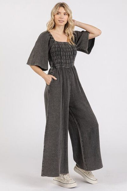 Mittoshop Mineral Wash Wide Leg Jumpsuit - Gauze Ruched Style